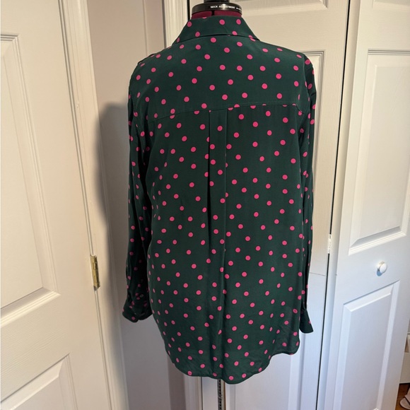 Boden Silk Green and Pink Polka Dot Button Down Shirt Size 12 - Picture 3 of 5
